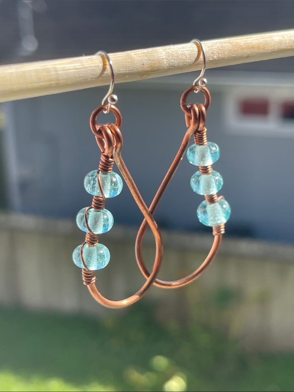Handcrafted Copper Teardrop Earrings with Aqua Glass Beads